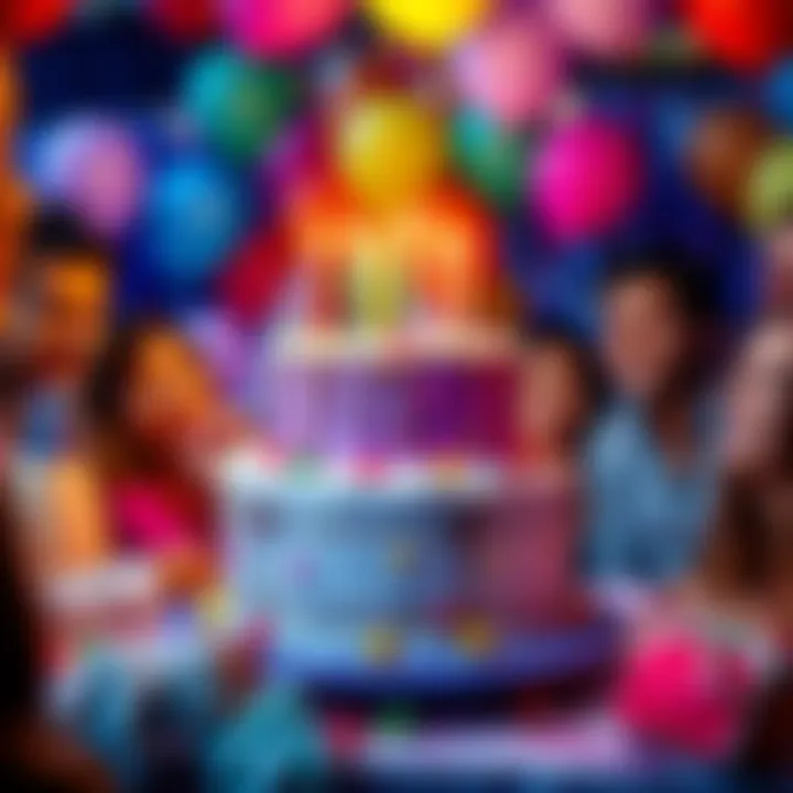 A colorful birthday cake surrounded by balloons and party decorations, with people smiling and having fun during the celebration.