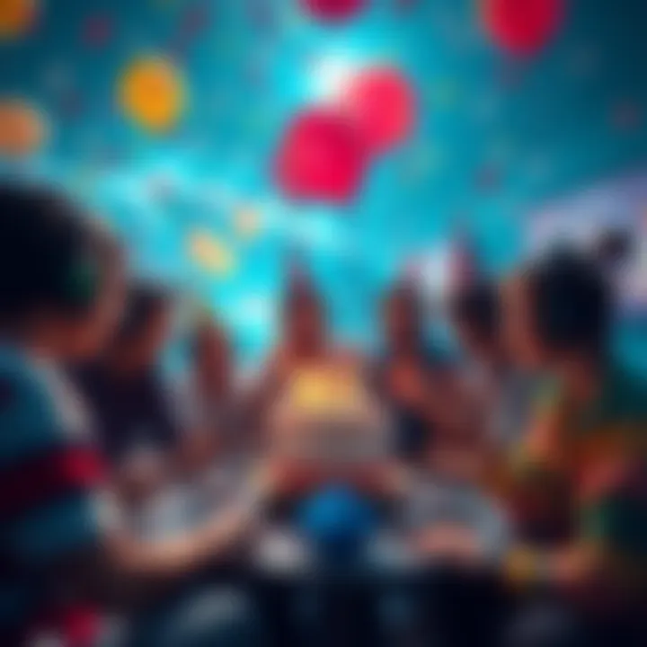 A group of players celebrating a birthday in a game setting with virtual balloons and confetti.