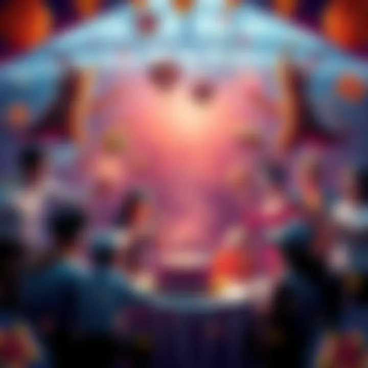 A festive scene depicting people celebrating a birthday, surrounded by images of game deities offering gifts and surprises.