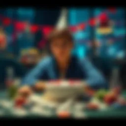 A person sitting at a table with birthday decorations and a thoughtful expression, surrounded by casino chips and bills representing gambling losses.