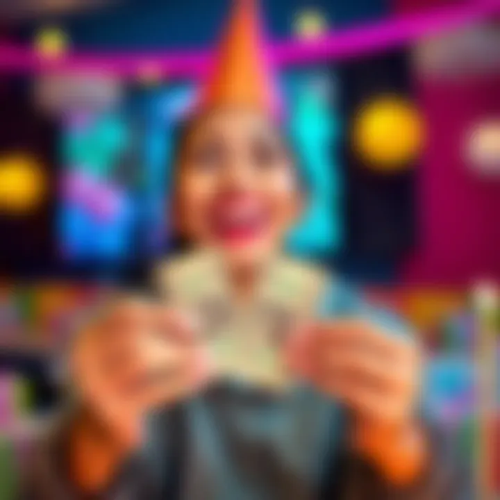 A person smiling joyfully while holding two dollar bills on their birthday