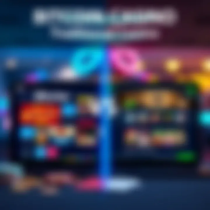 A side-by-side comparison of a Bitcoin casino interface and a traditional casino website showing different game options and withdrawal speeds.