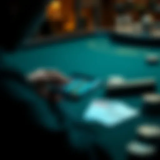 A person using a smartphone to practice blackjack strategies with a deck of cards on a table