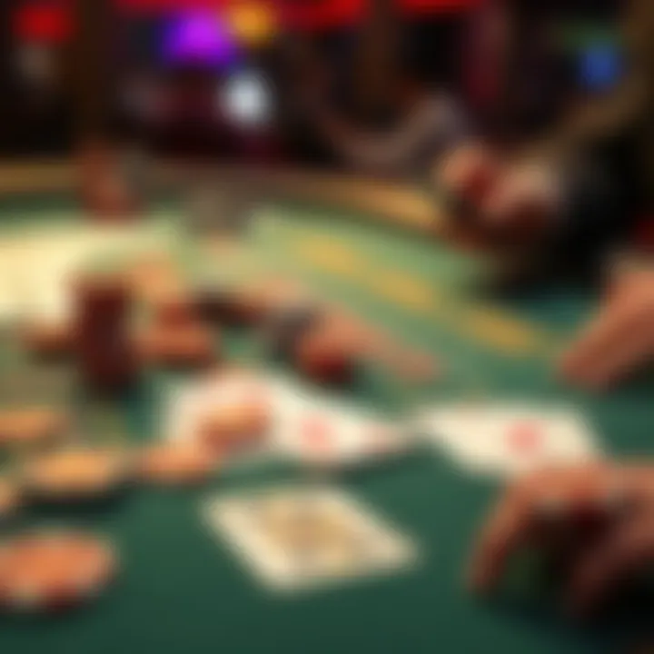 A close-up of a blackjack table featuring cards, chips, and a player calculating potential earnings