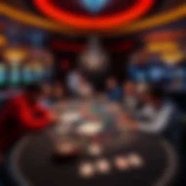 A lively blackjack table in a Vancouver casino with players gathered around and cards being dealt.
