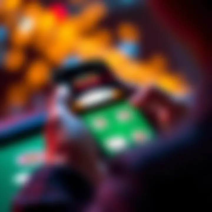 A person playing blackjack on a smartphone with cryptocurrency symbols in the background