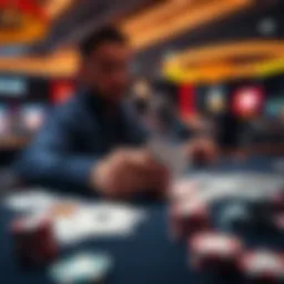 A person learning card counting strategies for blackjack at a casino table with cards and chips