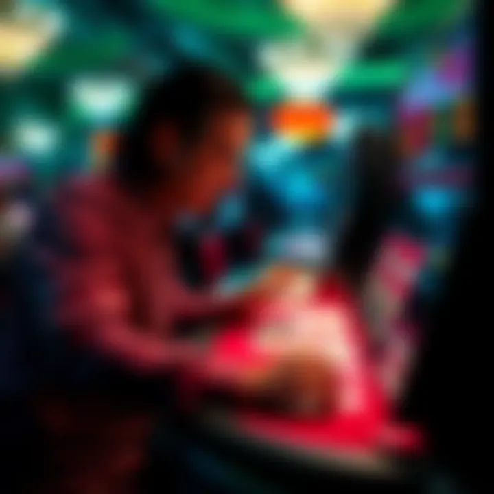 A player analyzing cards at a CSM blackjack machine, showcasing strategies and patterns while betting.