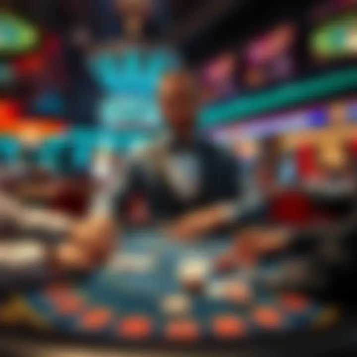 Blackjack dealer at a casino table A blackjack dealer in a casino dealing cards to players, with chips on the table and an engaging atmosphere