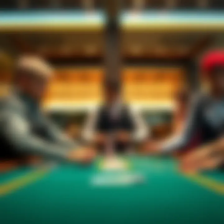 A dealer in training stands at a blackjack table, practicing card shuffling and dealing with attentive players watching, focused on learning the game's details.