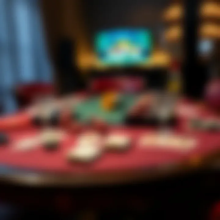 A table set up for a blackjack night at home, with cards, chips, and drinks.