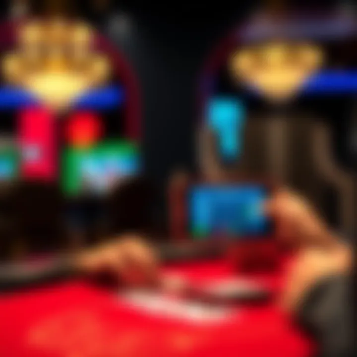 A focused player looks at a virtual blackjack table while using the 21master tool on their device, aiming to improve their card counting skills.