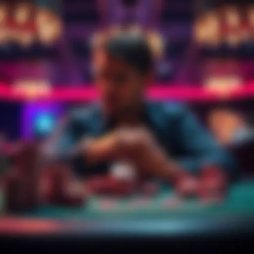 A focused player counting cards at a blackjack table, stacks of chips in front of him, showing determination and concentration