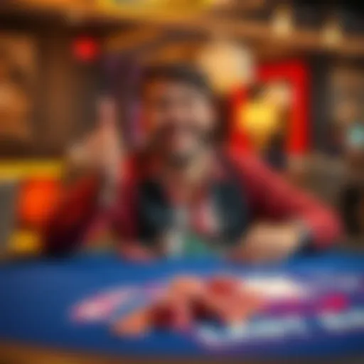 A thrilled player holding chips while sitting at a blackjack table after winning multiple hands