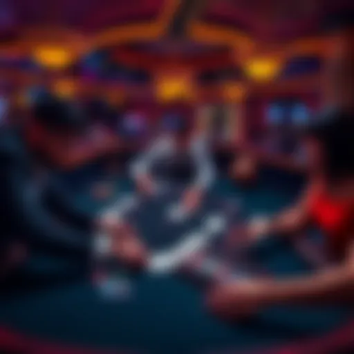 A group of players strategically focused on a blackjack table in a casino, with cards and chips visible