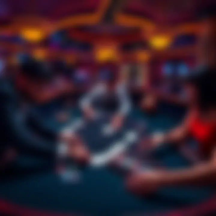 A group of players strategically focused on a blackjack table in a casino, with cards and chips visible