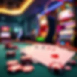 A vibrant table featuring blackjack cards and a slot machine, symbolizing thrill in gaming.