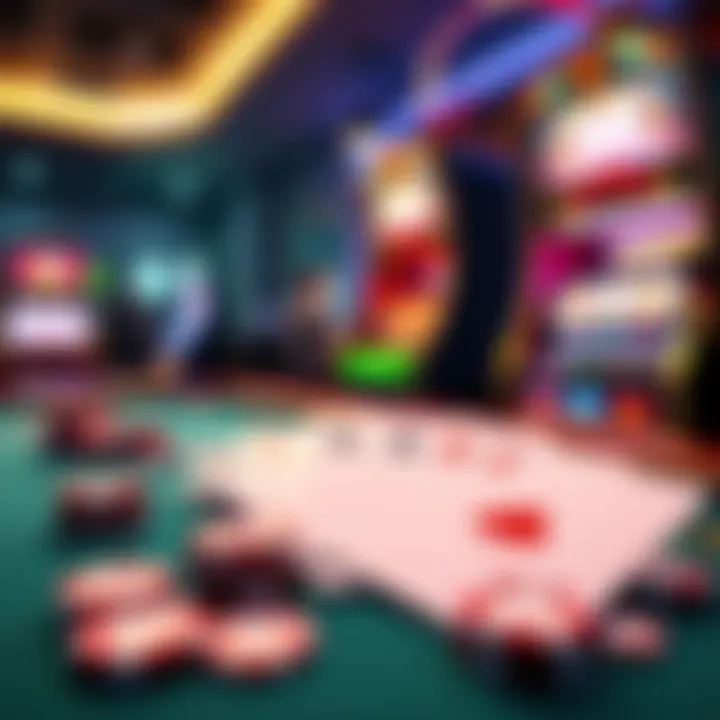 A vibrant table featuring blackjack cards and a slot machine, symbolizing thrill in gaming.