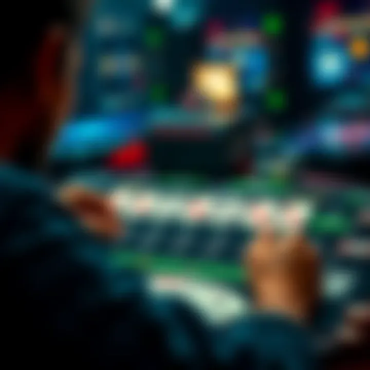 A person analyzing a blackjack strategy chart, focused on specific moves like splitting cards and counting rules.