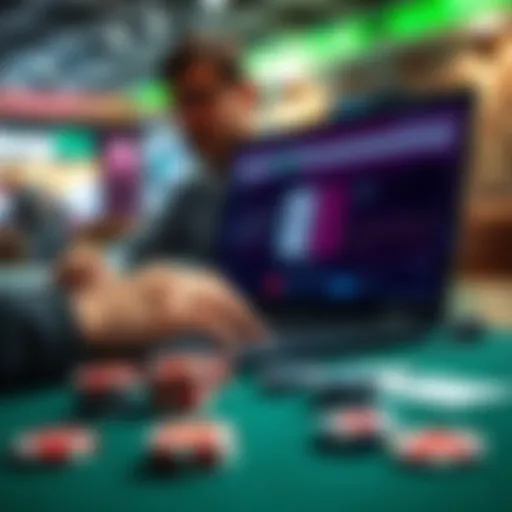 A person analyzing Blackjack strategy on a laptop, with cards and chips in the foreground.