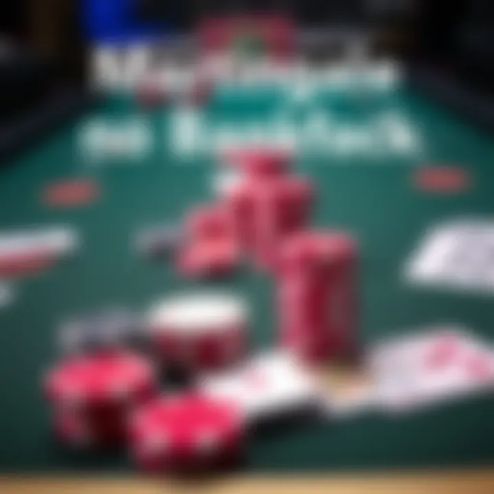 A blackjack table showing chips stacked and cards laid out, illustrating the Martingale betting strategy in action