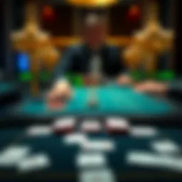 A blackjack table with cards facing down, depicting a player looking suspiciously at the dealer, hinting at possible manipulation in the game.