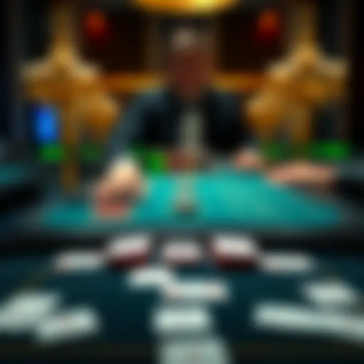 A blackjack table with cards facing down, depicting a player looking suspiciously at the dealer, hinting at possible manipulation in the game.