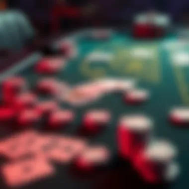 A blackjack table showing various cards and chips, highlighting gameplay and strategies