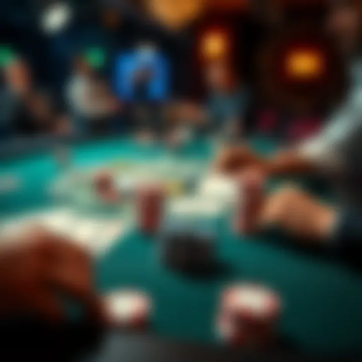 A blackjack table showing a dealer and players, focusing on cards and poker chips, highlighting the game atmosphere