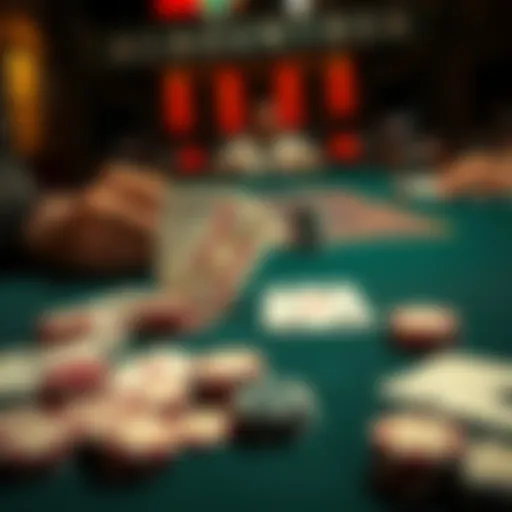 A tense moment at a blackjack table with cards showing a dealer's hand and stacks of chips scattered around, depicting a player's loss of money.