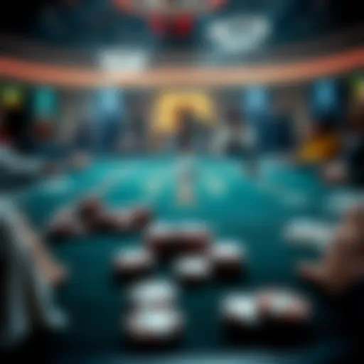 A bustling blackjack table featuring players, chips, and cards, showcasing excitement and high stakes.
