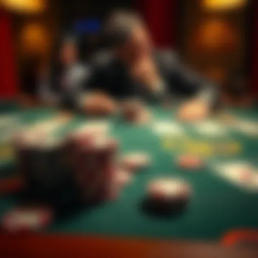 A blackjack table with stacked chips and playing cards, showing a player deep in thought after a loss.