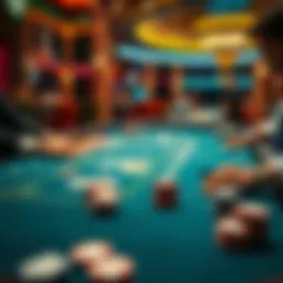 A close-up of a blackjack table showing cards and chips, with a player looking concerned about the game results