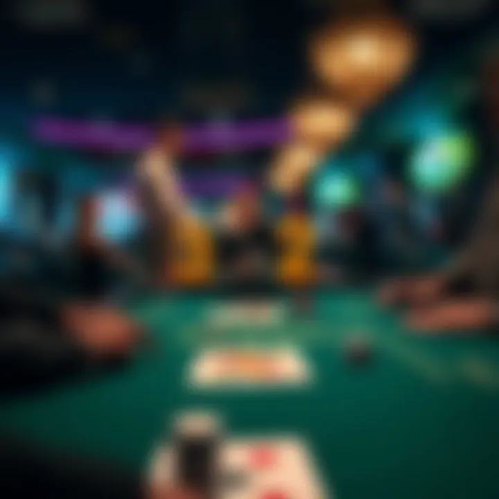 A blackjack table showing a 3:2 payout sign, players engaged in the game, and casino atmosphere in Indiana.