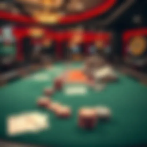 A Blackjack table with cards and chips at a casino in Oklahoma, showcasing a lively gaming atmosphere.