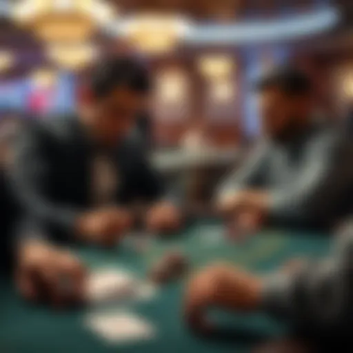 Two players at a blackjack table looking tense as they play with cards and chips, one counting chips while the other looks frustrated.