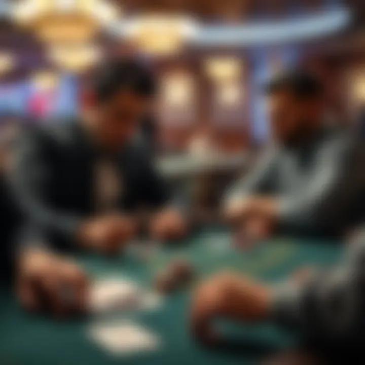 Blackjack table with players Two players at a blackjack table looking tense as they play with cards and chips, one counting chips while the other looks frustrated.