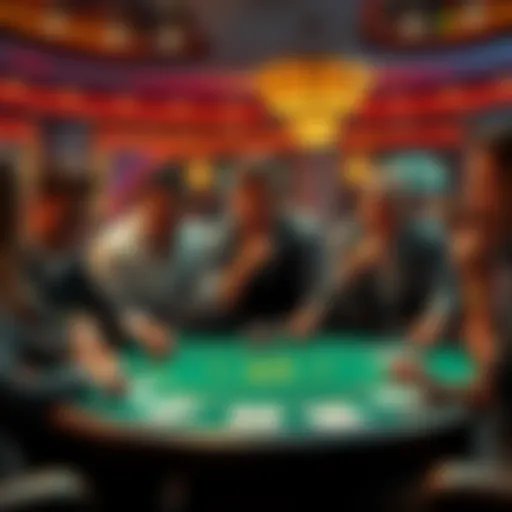 A group of players at a blackjack table, reacting with surprise and excitement during a game.