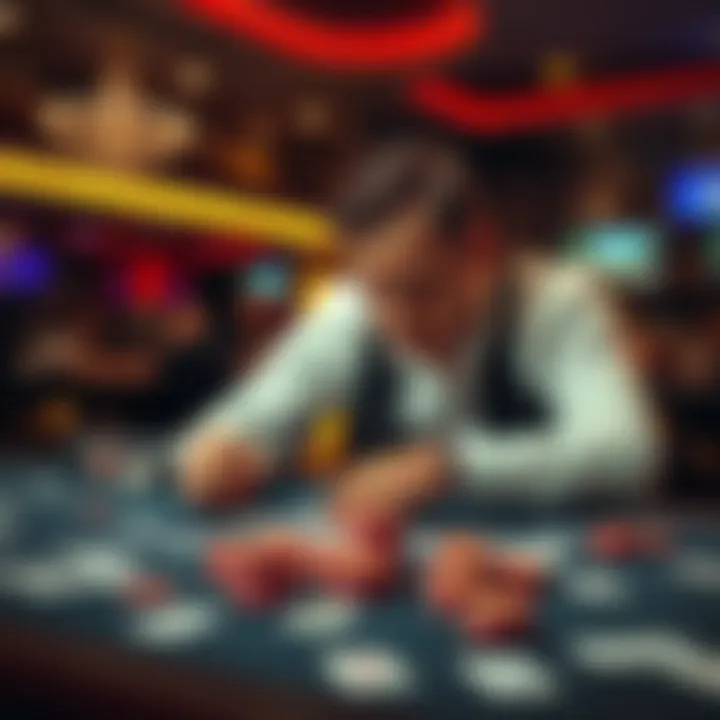 A player sitting at a Blackjack table looking frustrated after losses, with cards and chips scattered on the table.