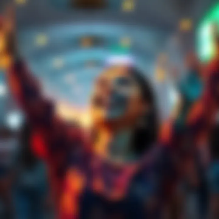 A person joyfully celebrating good luck and blessings in their life with bright colors and cheerful expressions.