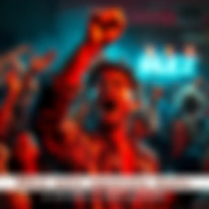A person named Blez showing frustration with a fist raised, surrounded by a crowd reacting with anger and support, symbolizing the feelings of a generation.