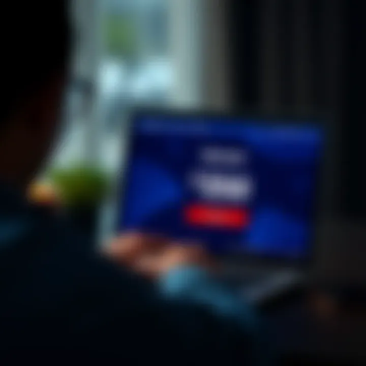 Person looking frustrated while checking their bank account on a laptop, showing a blocked message and a $350 balance on the screen