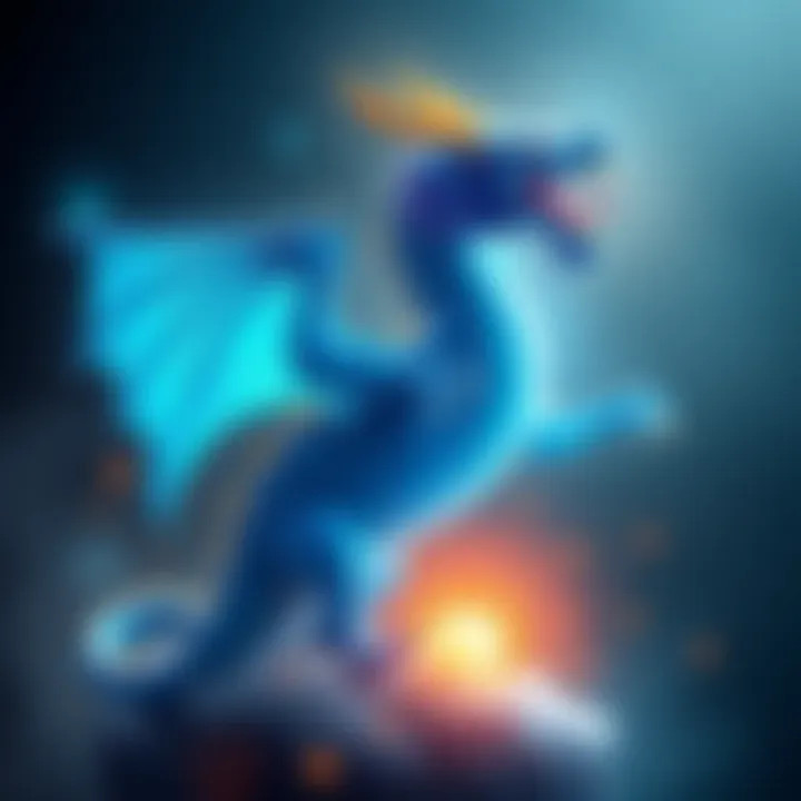A blue dragon named Kirin, rising majestically with a shimmering aura, surrounded by sparkles, symbolizing its value increase.