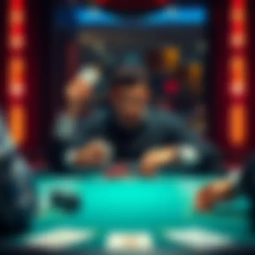 A player at a poker table displays a confident gesture while holding cards, attempting to bluff during a low stakes game.