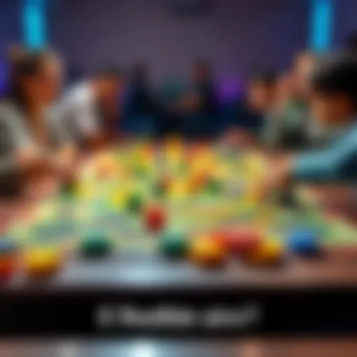 A colorful board game laid out on a table with players engaged, showcasing fun and competition.