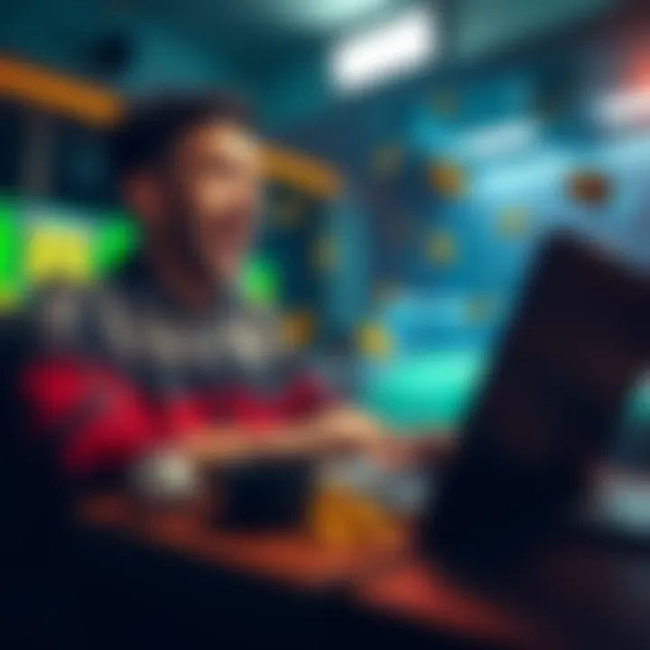 A person excitedly participating in an online betting game on a laptop with symbols of luck and winning around them.