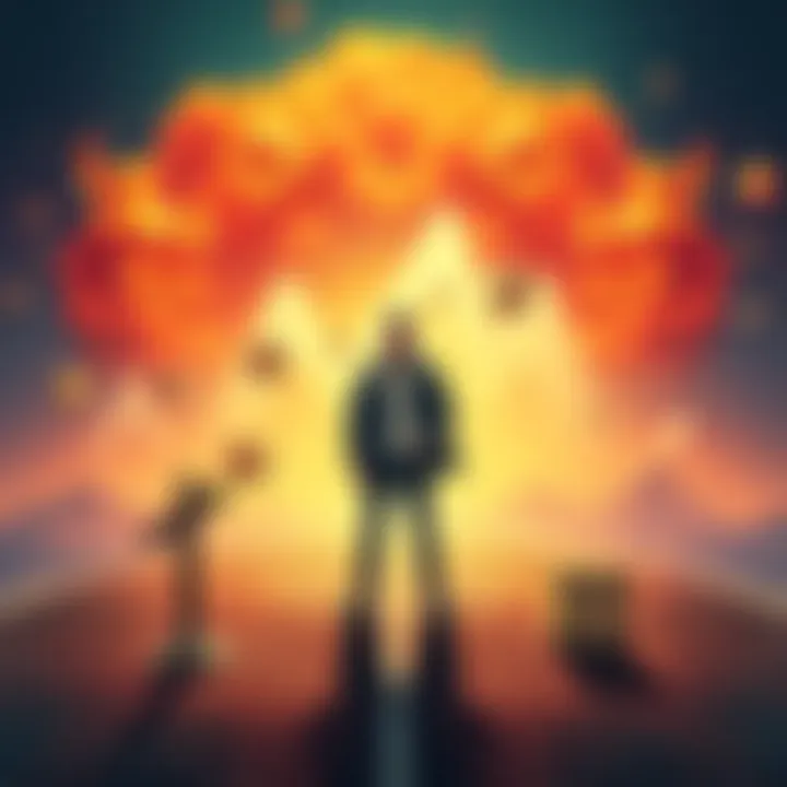 A person standing at a crossroads, contemplating a bold choice with a confident expression, surrounded by symbols of risk and reward like dice and charts.