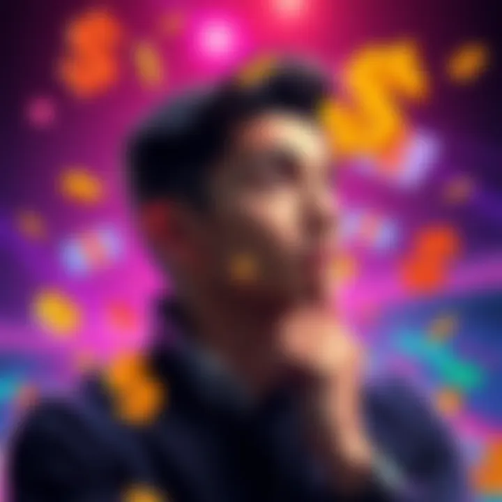 A person thinking about betting options, surrounded by bonus offer symbols and dollar signs.