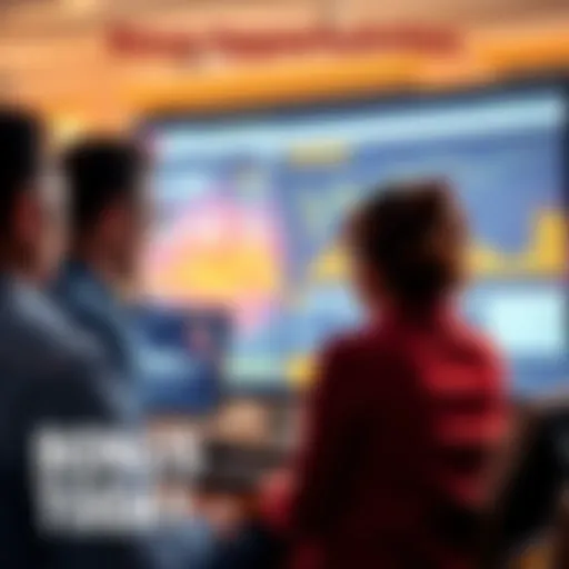 People looking at financial news on a computer screen, discussing bonus possibilities.