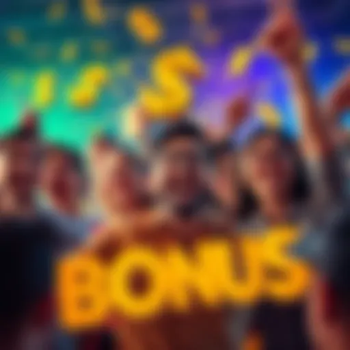 A vibrant graphic showing people celebrating the announcement of a bonus with cheerful expressions and dollar signs in the background.